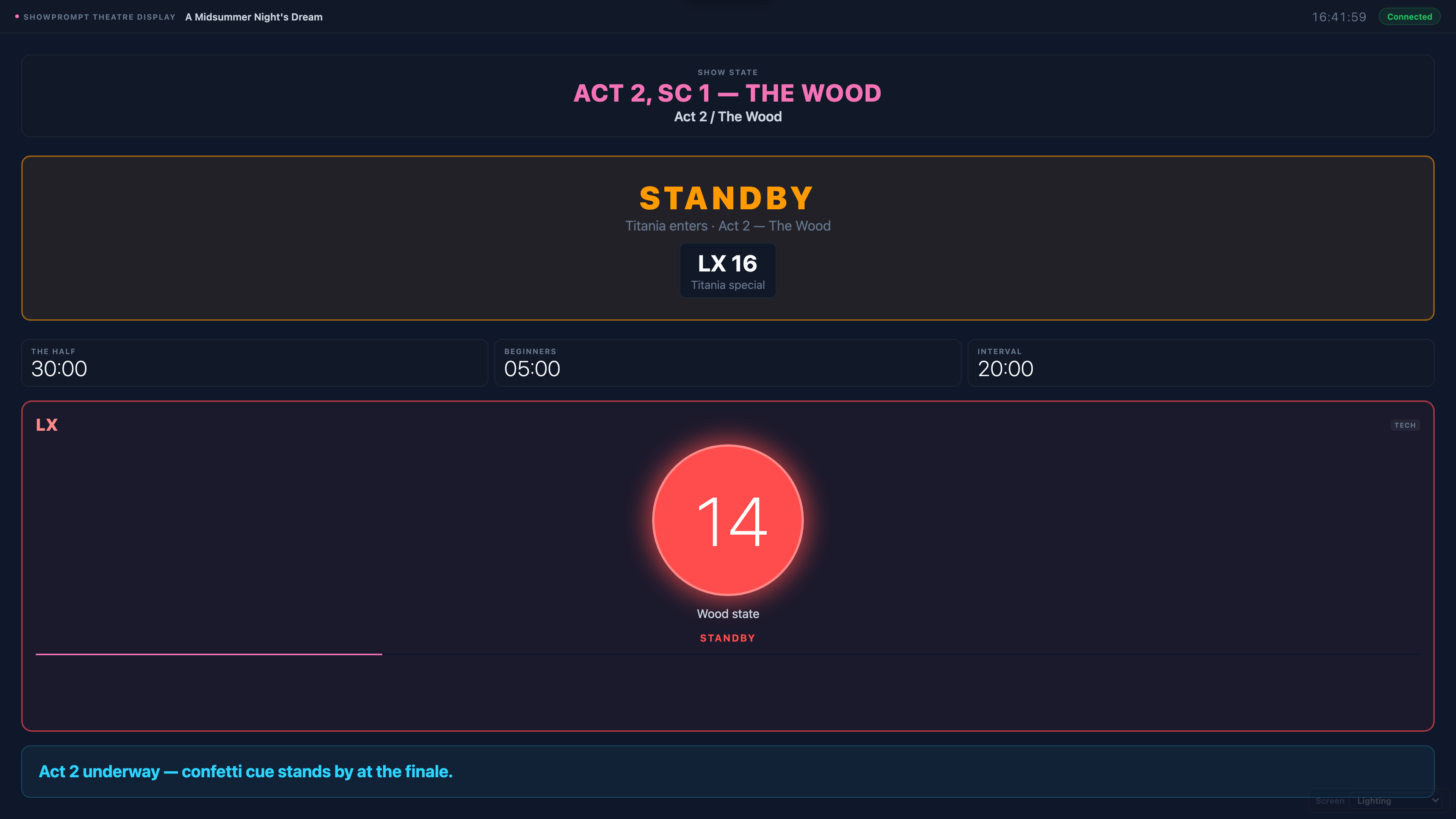 ShowPrompt per-crew theatre display showing only the lighting department’s cue in standby