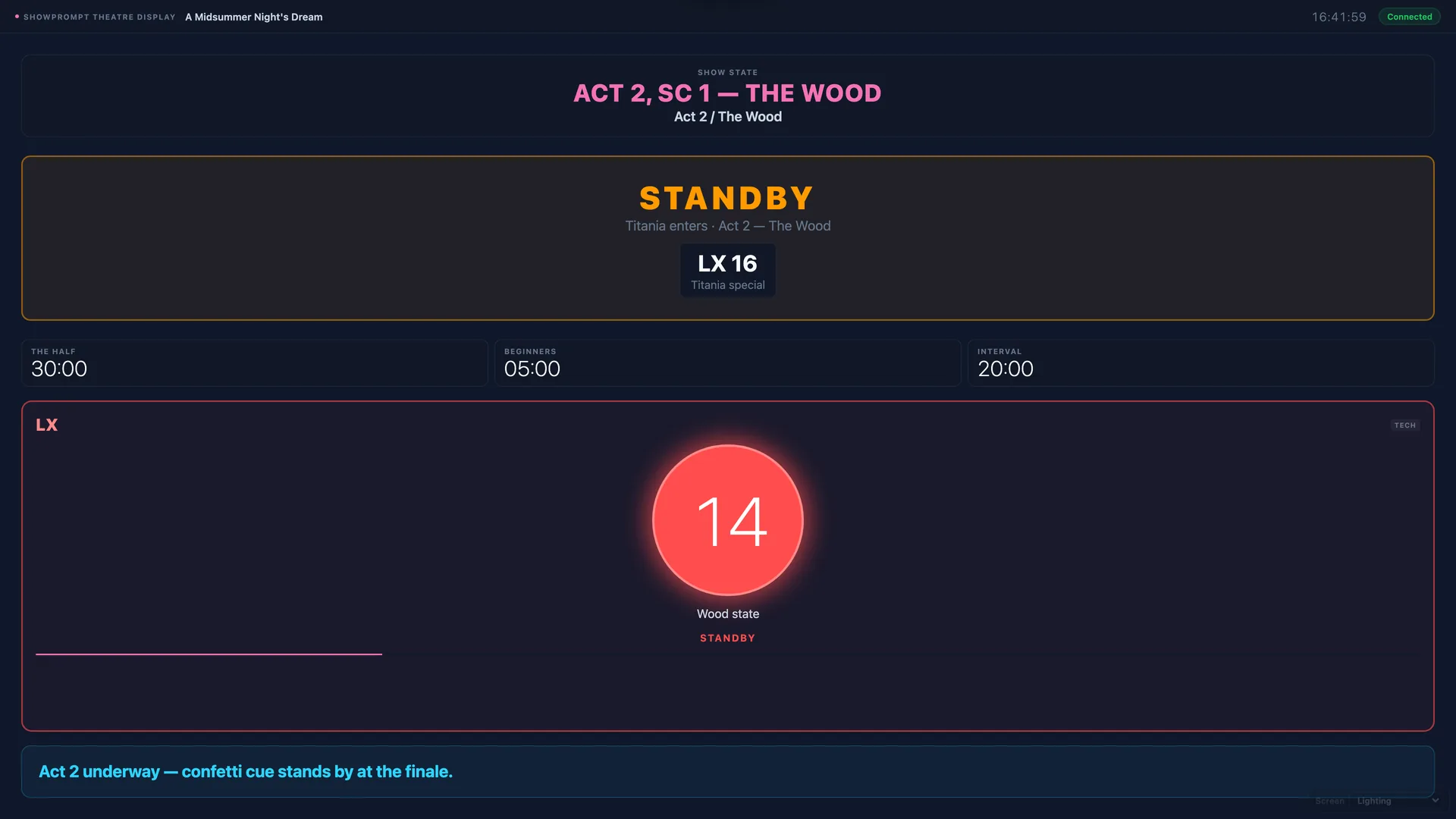 ShowPrompt per-crew theatre display showing only the lighting department’s cue in standby