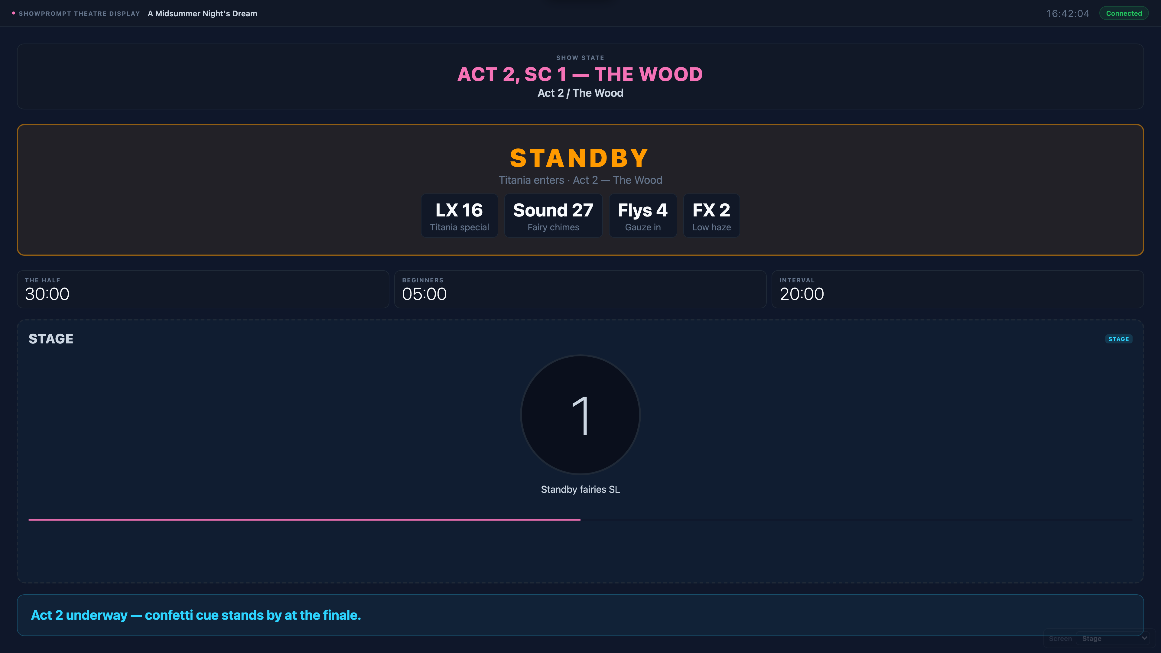 ShowPrompt theatre Stage screen showing only the cues relevant to the stage crew