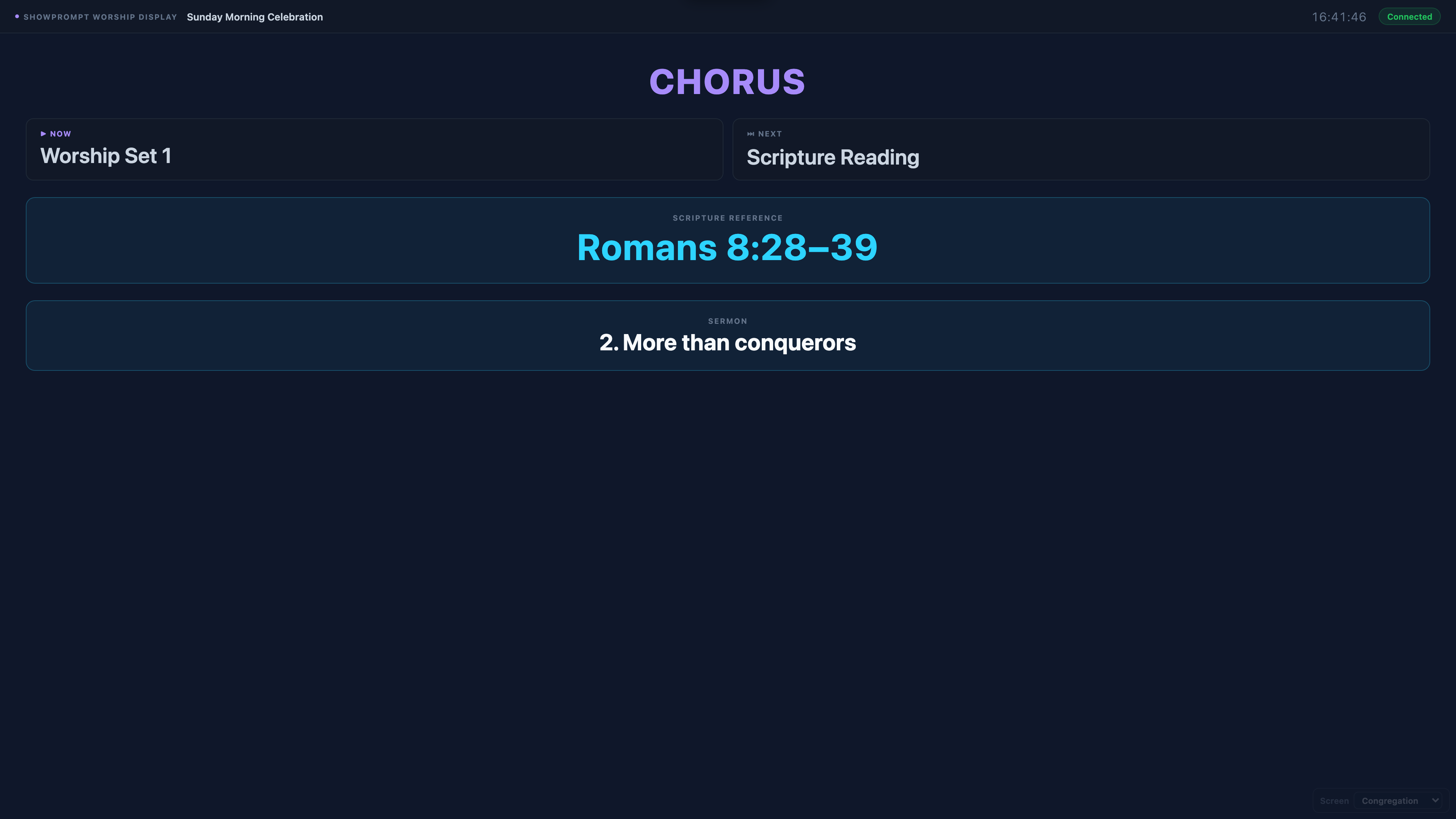 ShowPrompt worship Congregation screen — clean output with team-only notes hidden